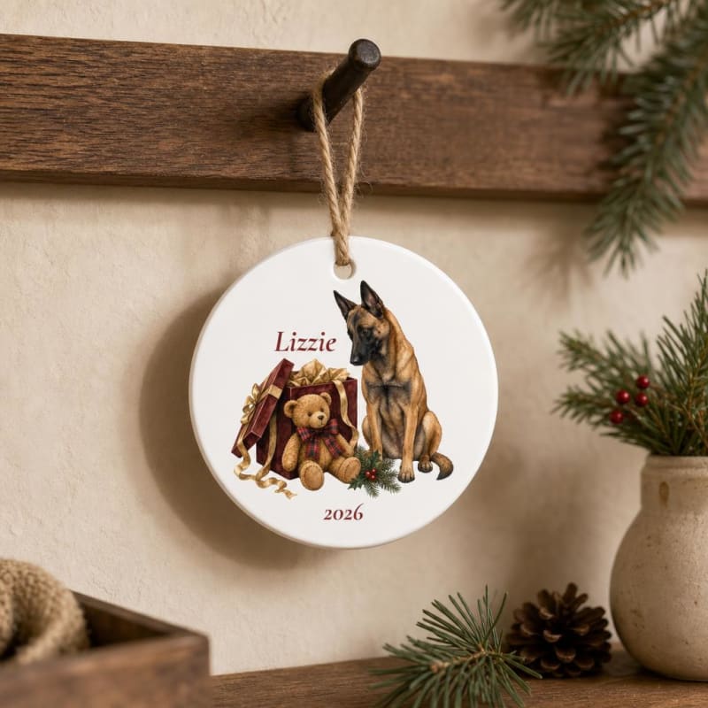 Personalized Belgian Malinois ornament, ready for the tree