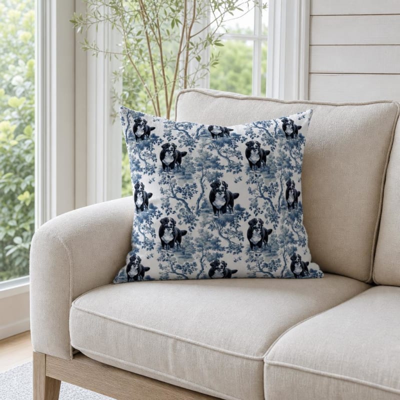 Bernese Mountain Dog breed toile pillow cover in a sunroom