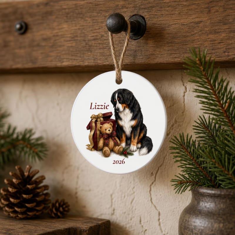 Personalized Bernese Mountain Dog ornament, ready for the tree