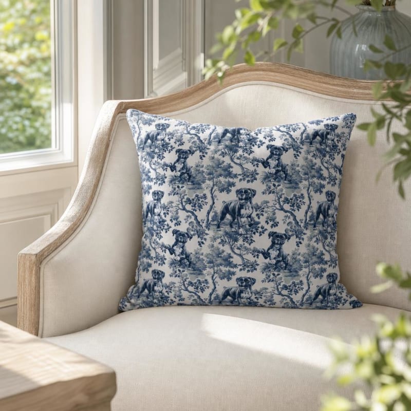 Boxer breed toile pillow cover in a sunroom