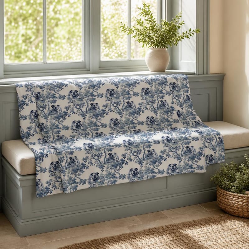 English Bulldog breed toile blanket on a window seat