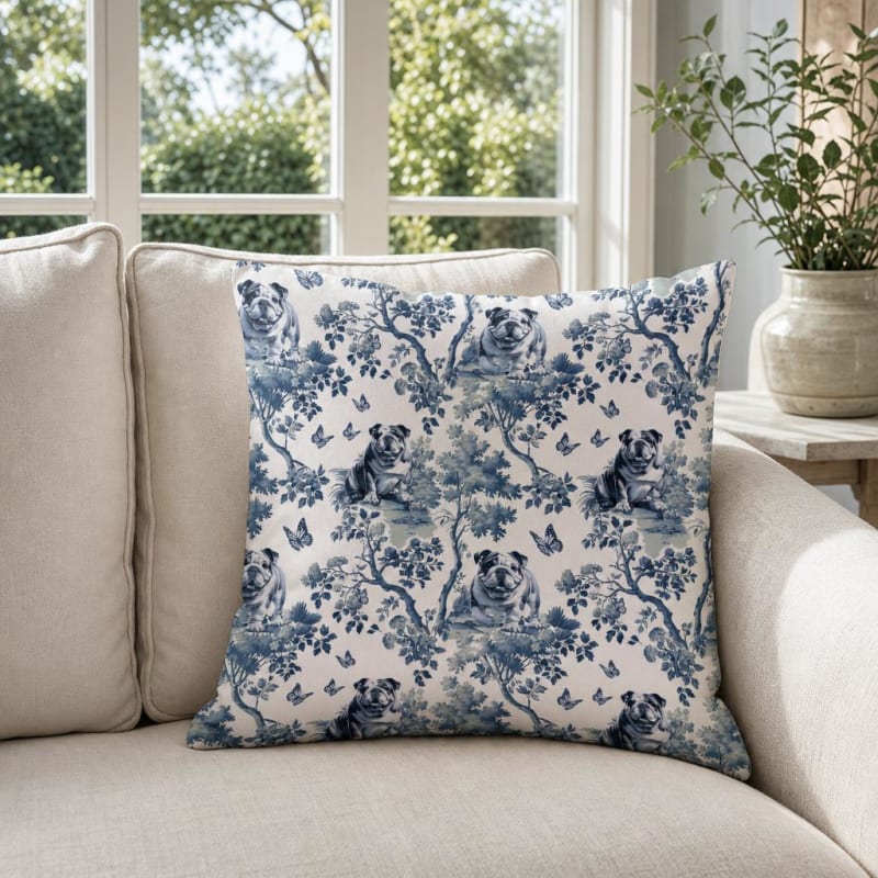 English Bulldog breed toile pillow cover in a sunroom