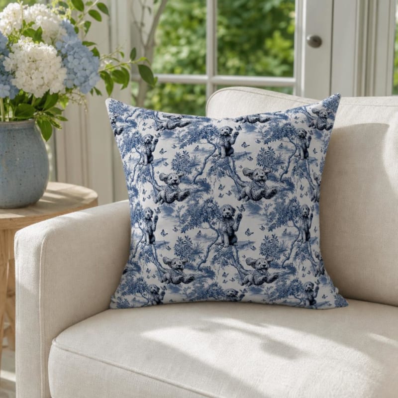 Goldendoodle breed toile pillow cover in a sunroom