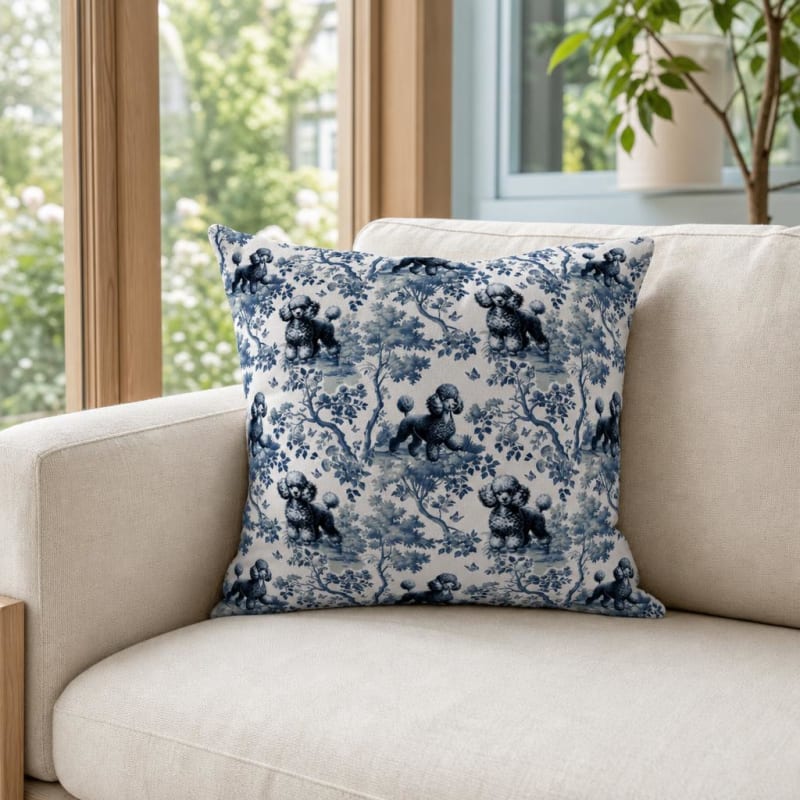 Poodle breed toile pillow cover in a sunroom