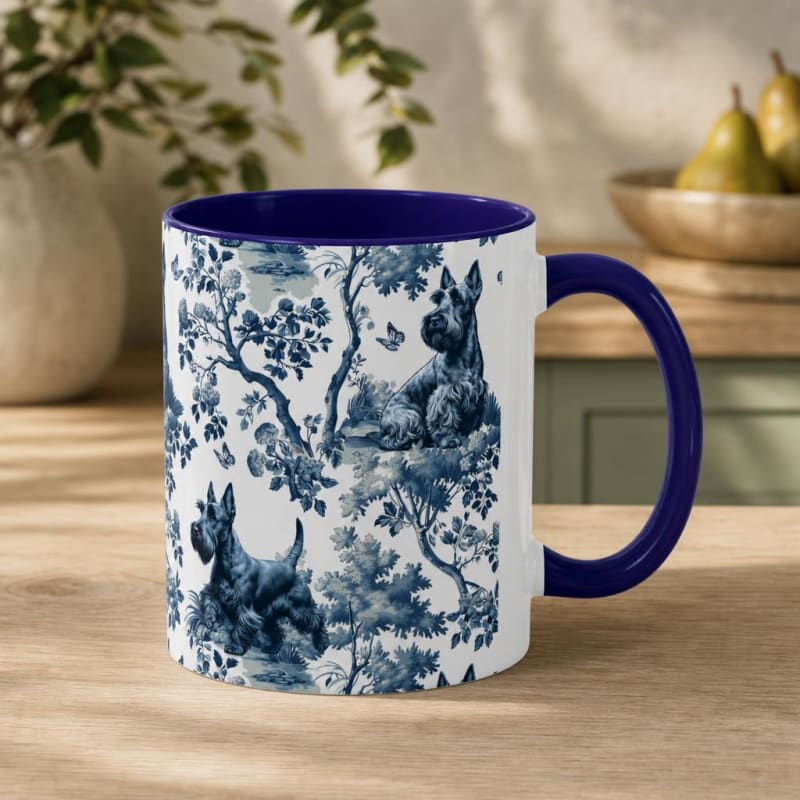 Scottish Terrier navy handle toile mug on a breakfast table