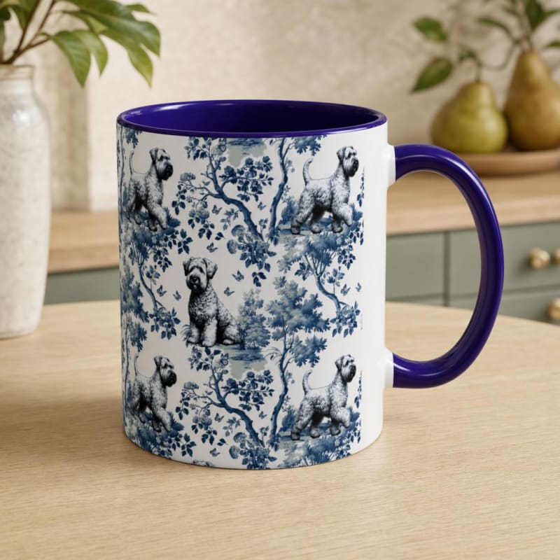 Wheaten Terrier navy handle toile mug on a breakfast table