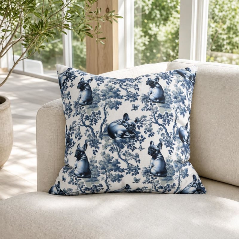 French Bulldog breed toile pillow cover in a sunroom