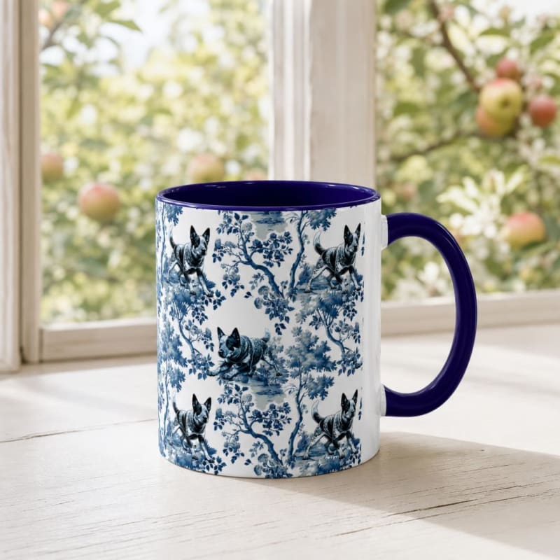 Australian Cattle Dog navy handle toile mug on a breakfast table