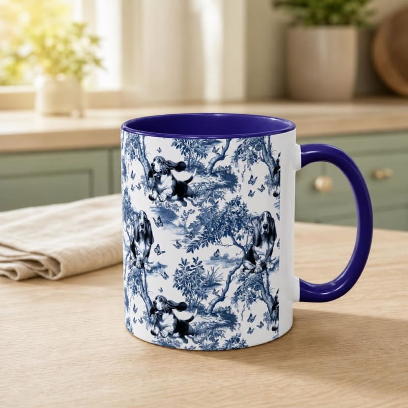 Basset Hound navy handle toile mug on a breakfast table