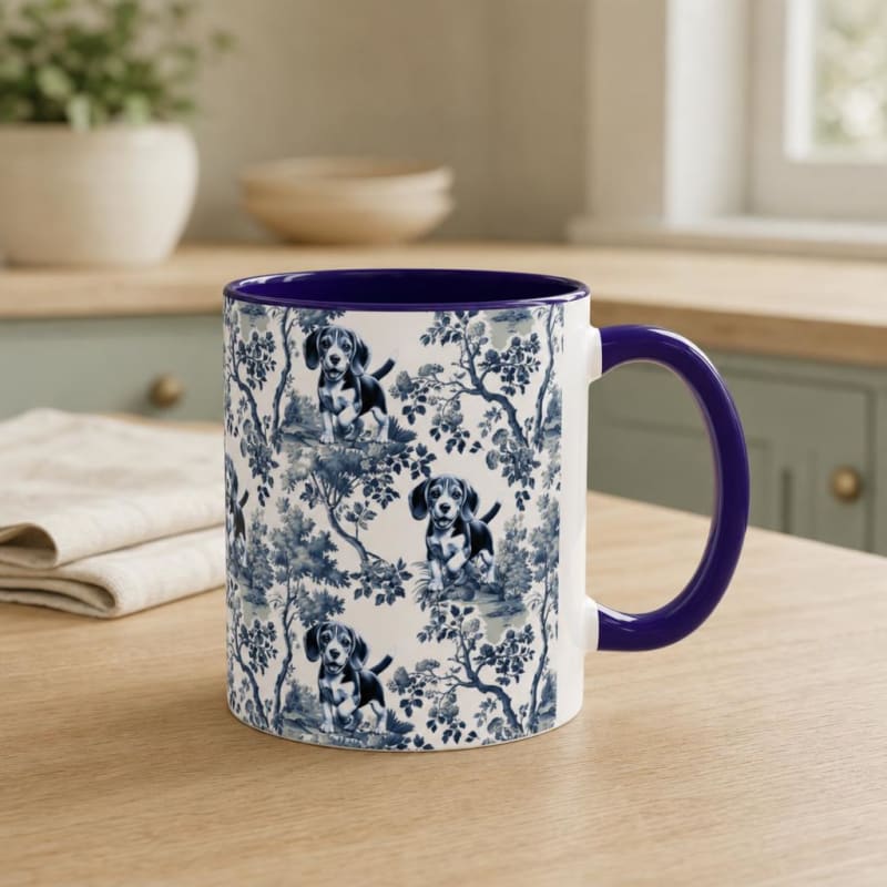 Beagle navy handle toile mug on a breakfast table