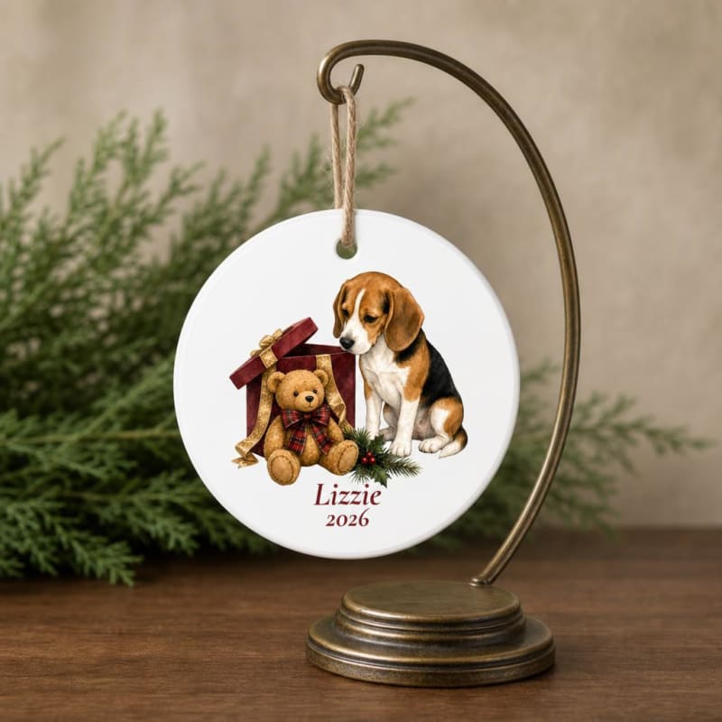 Personalized Beagle ornament, ready for the tree