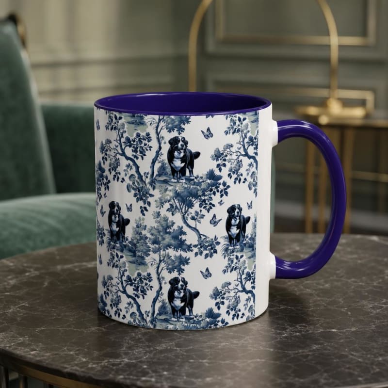 Bernese Mountain Dog navy handle toile mug on a breakfast table