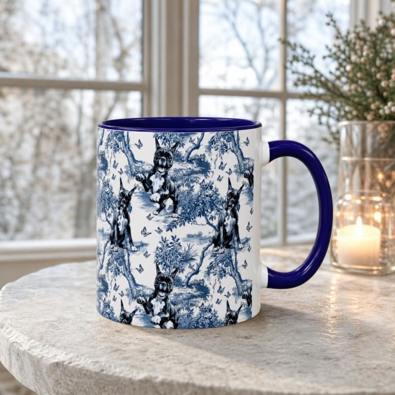 Boxer navy handle toile mug on a breakfast table