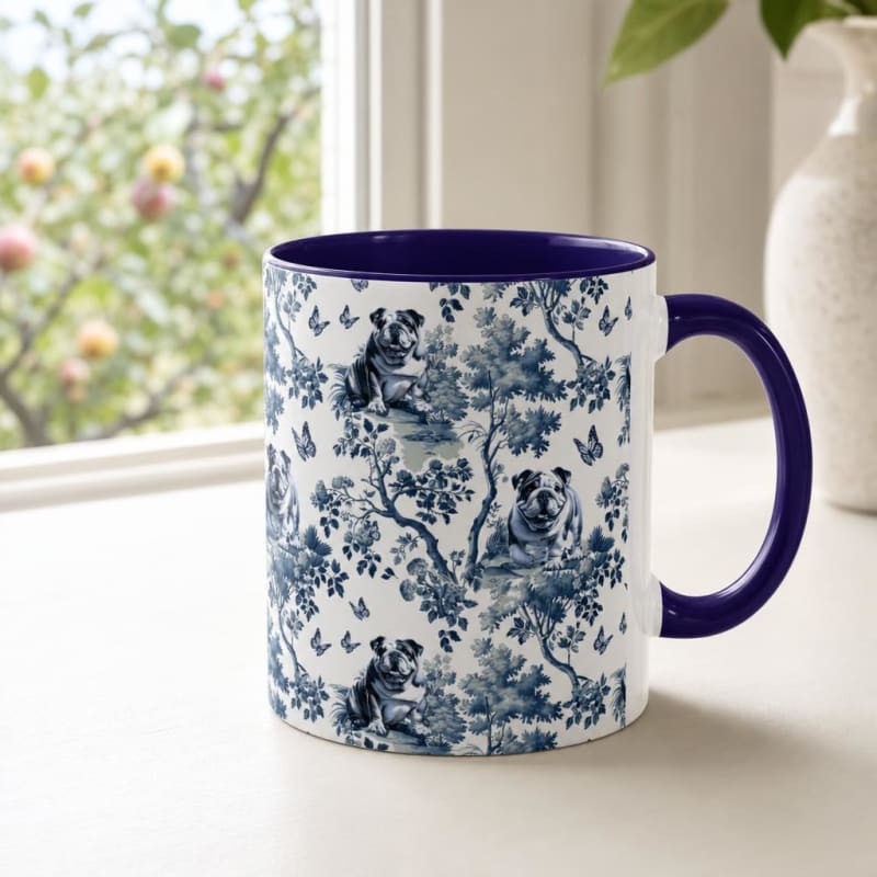 English Bulldog navy handle toile mug on a breakfast table