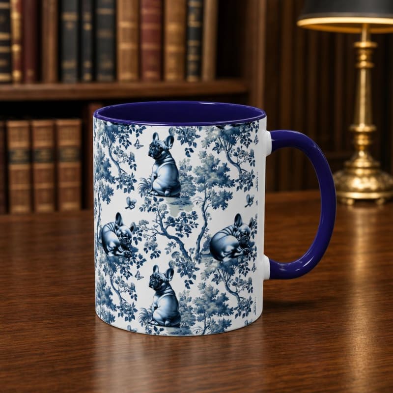 French Bulldog navy handle toile mug on a breakfast table