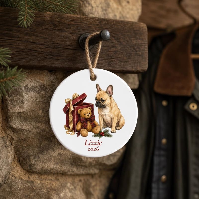 Personalized French Bulldog ornament, ready for the tree