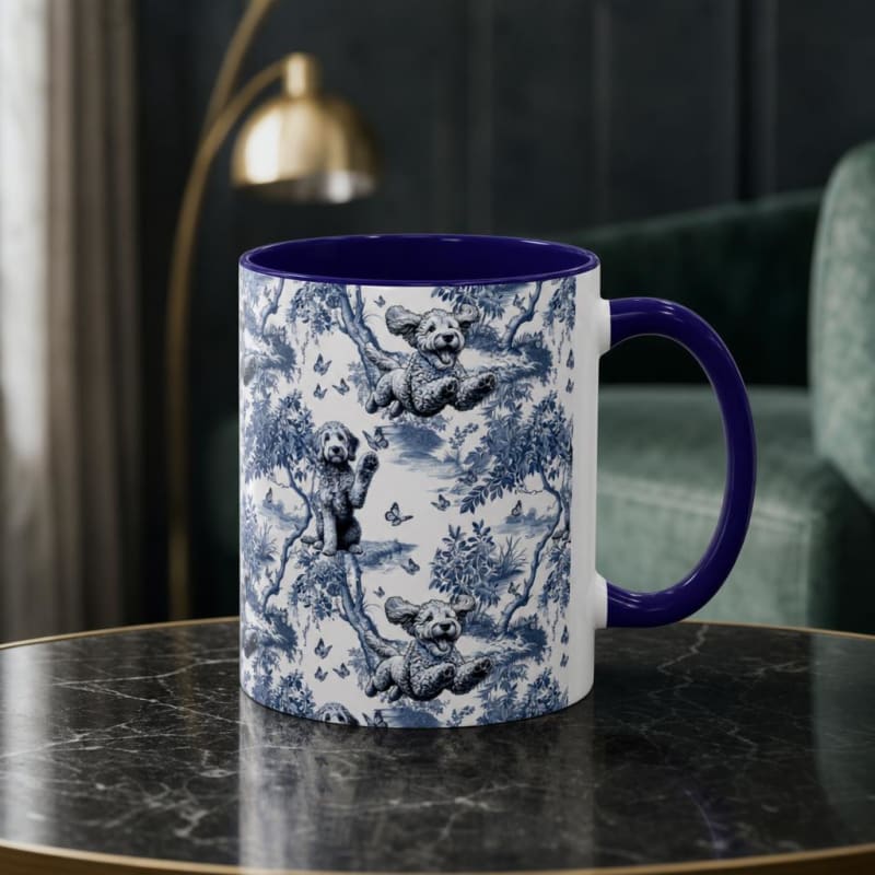 Goldendoodle navy handle toile mug on a breakfast table
