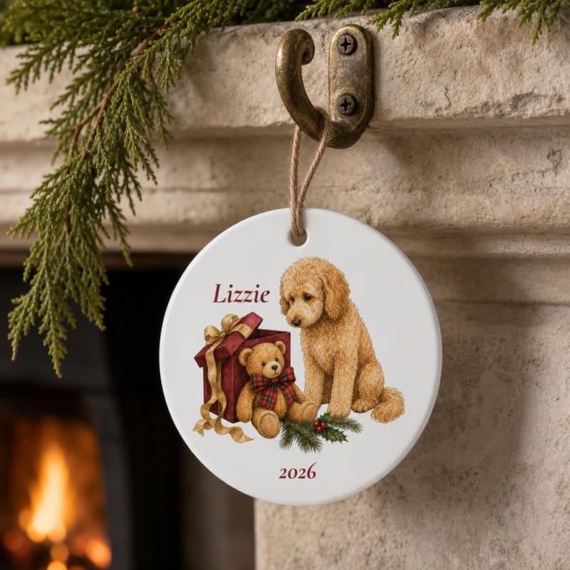 Personalized Goldendoodle ornament, ready for the tree