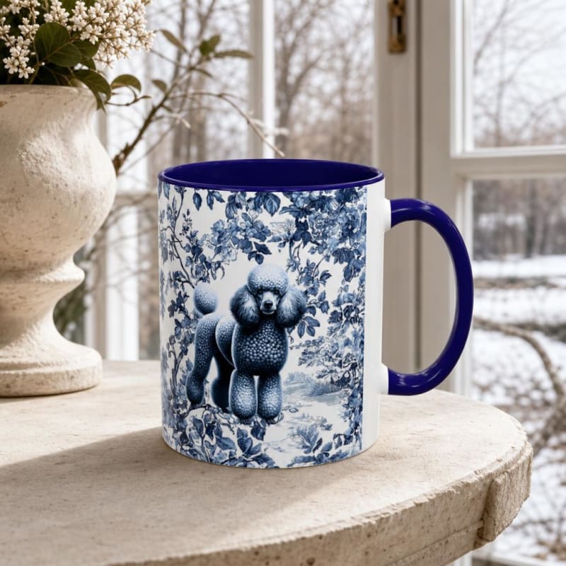 Poodle navy handle toile mug on a breakfast table