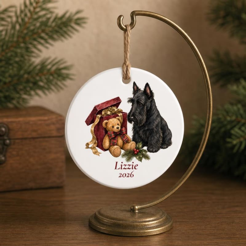 Personalized Scottish Terrier ornament, ready for the tree