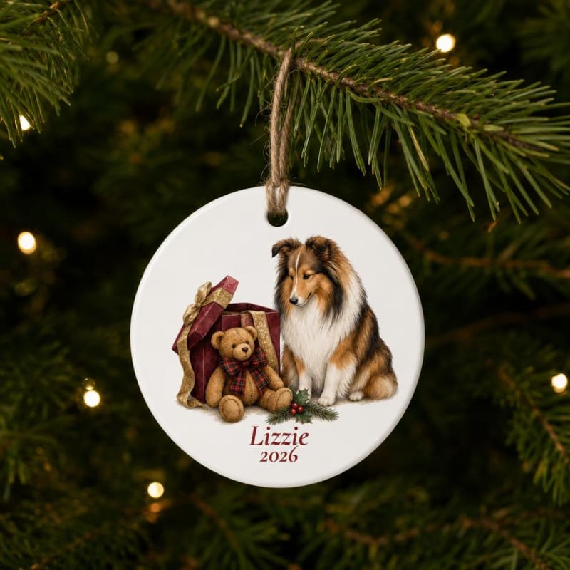 Personalized Shetland Sheepdog ornament, ready for the tree
