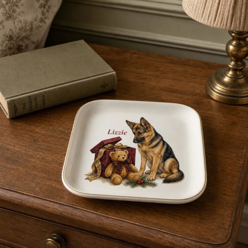Personalized German Shepherd jewelry dish on a bedside table
