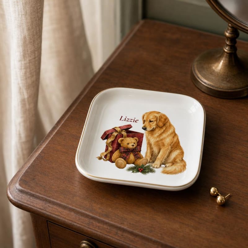 Personalized Golden Retriever jewelry dish on a dressing table