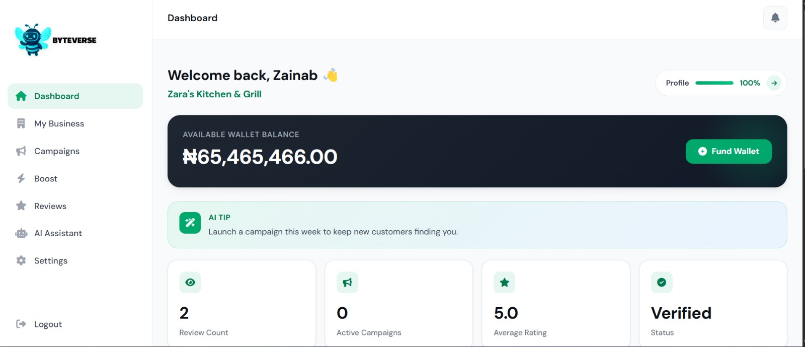 ByteVerse for Business dashboard preview