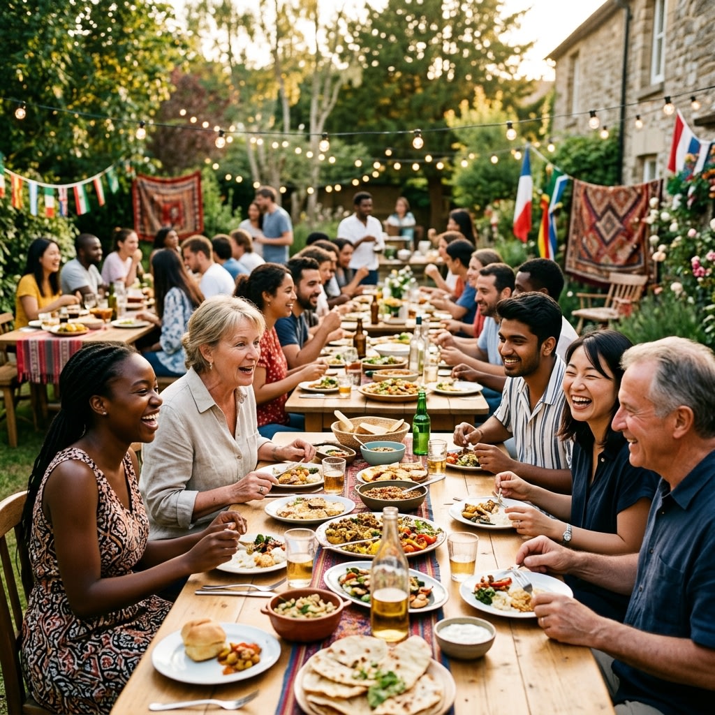Vibrant global community gathering of diverse students and host families