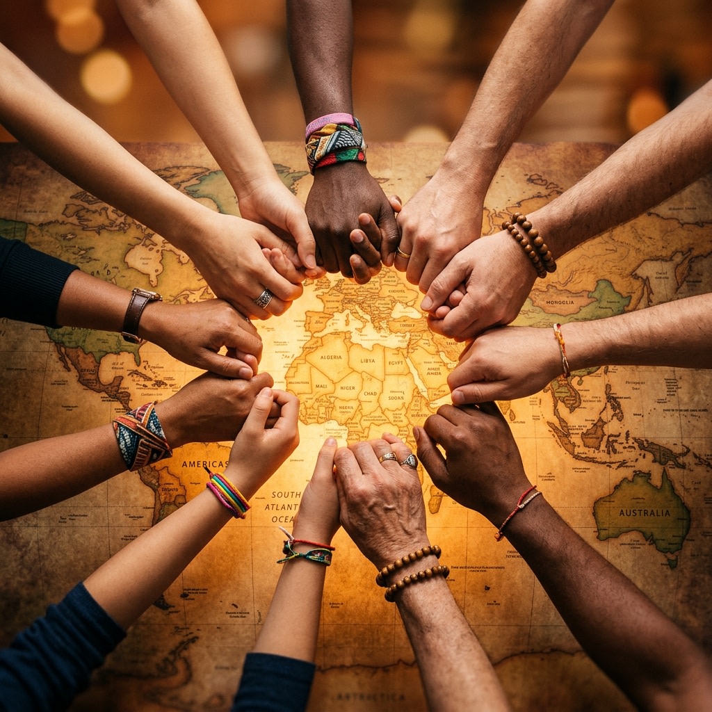 Hands joined over a map representing peace and global connection