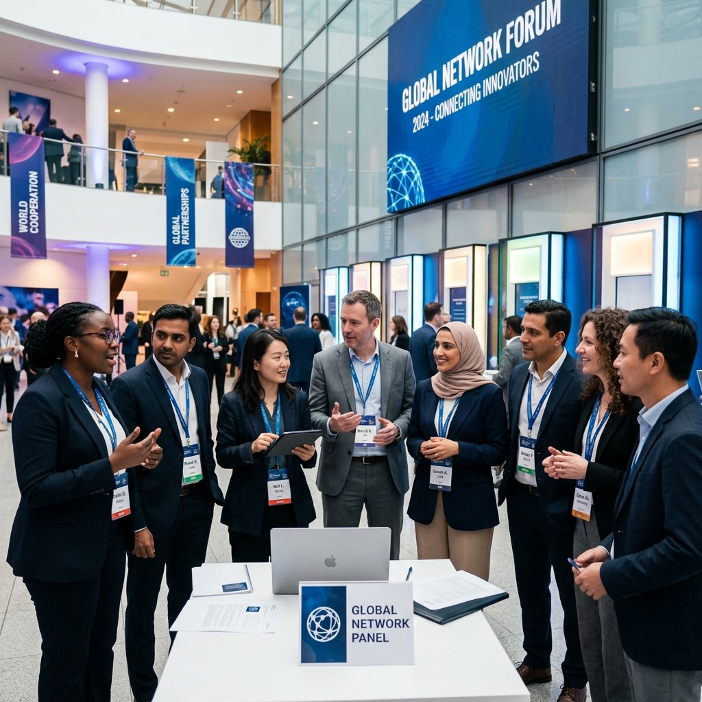 Diverse group of professional international delegates standing in a modern conference hall
