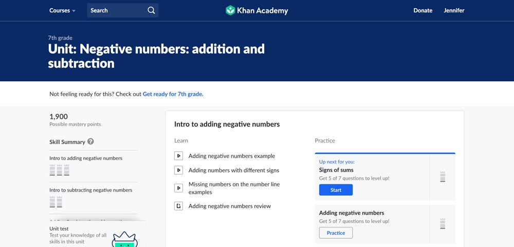 Khan Academy student dashboard showing progress