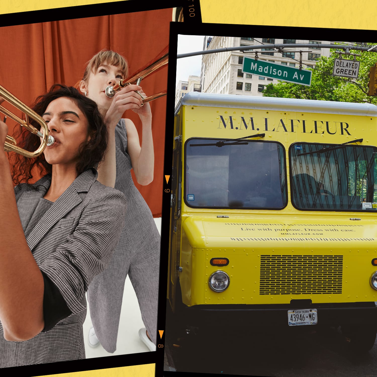 image of a woman wearing sleeveless gingham linen jumpsuit and holding a saxophone; yellow background