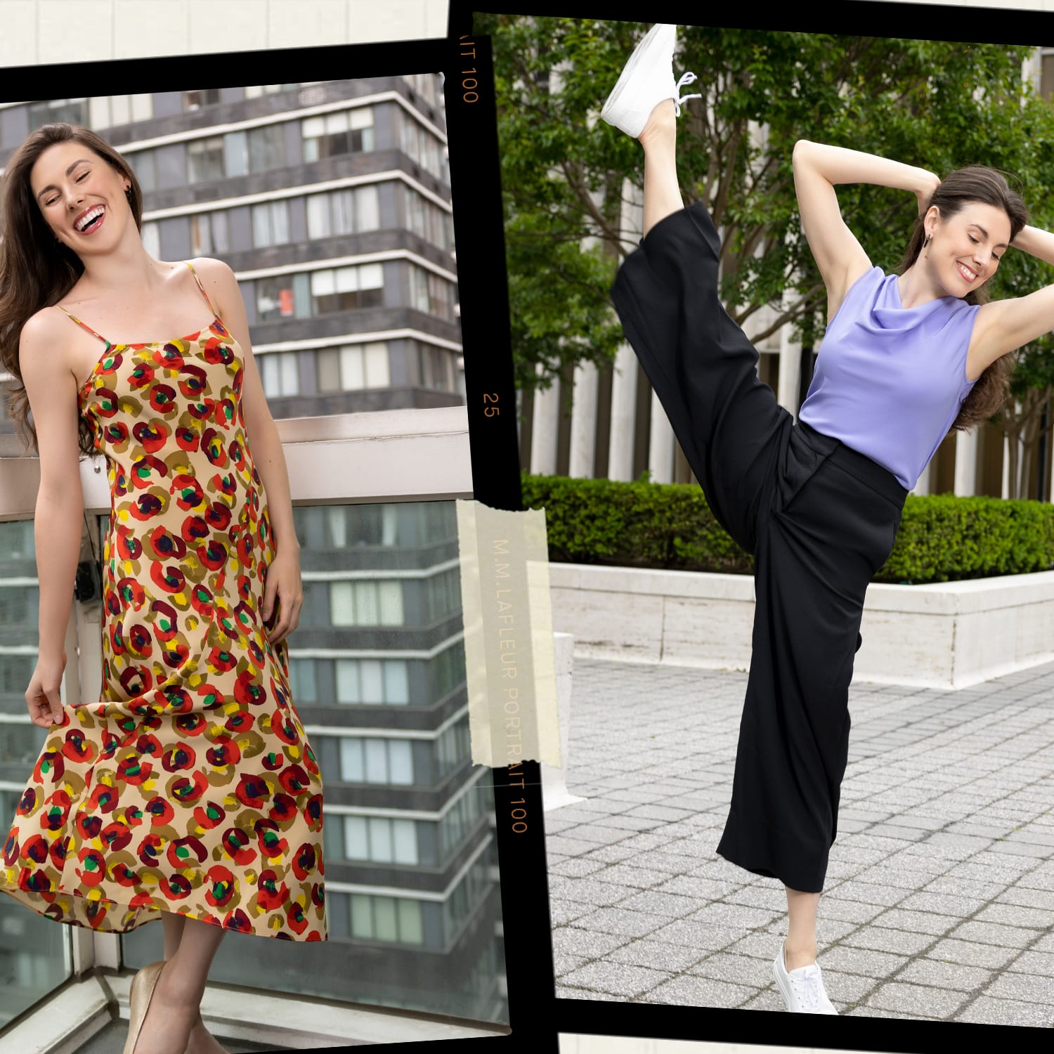 top banner with three images of tiler peck wearing MM LaFleur