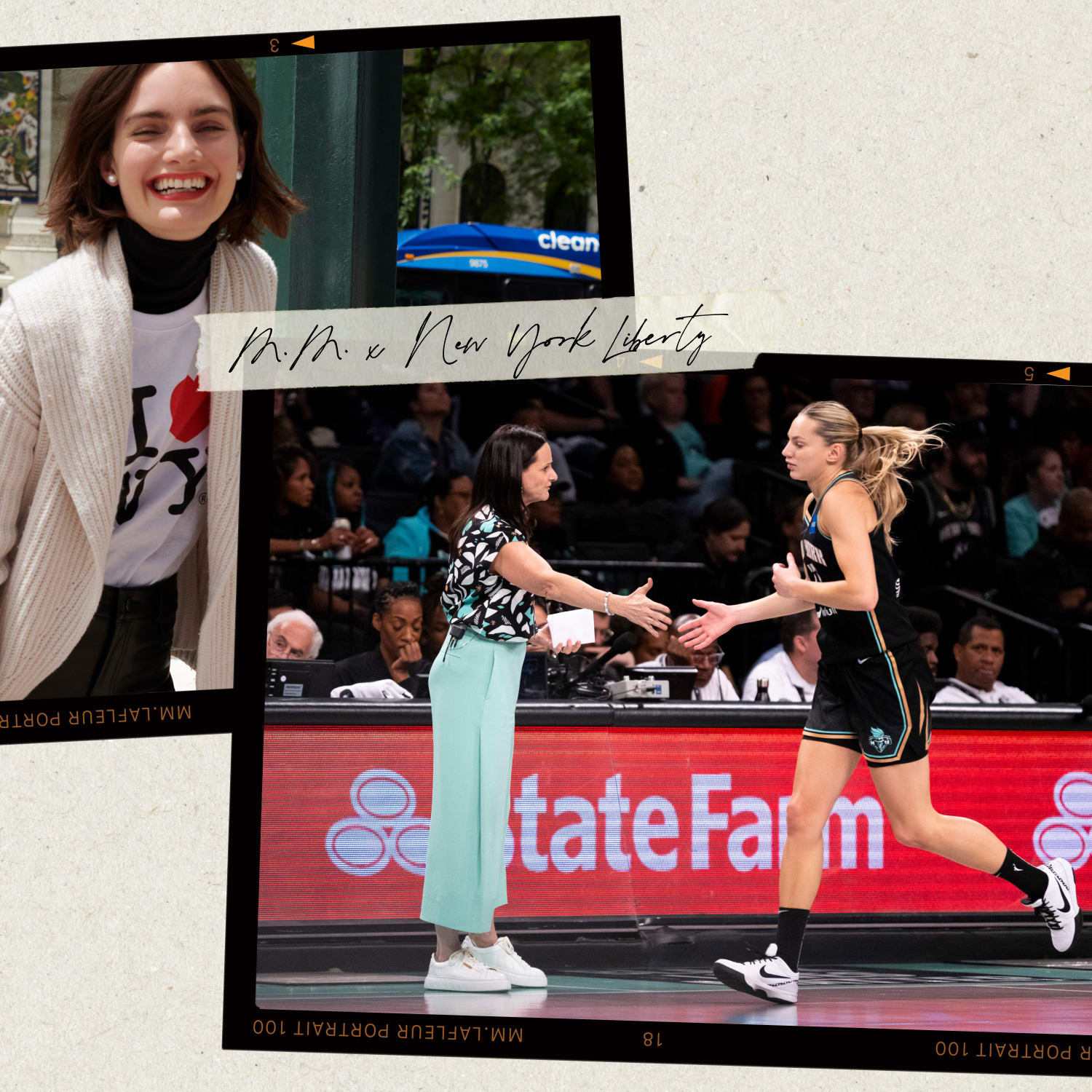 2 images, 1 of a woman wearing an I heart NY shirt and another of the new york liberty
