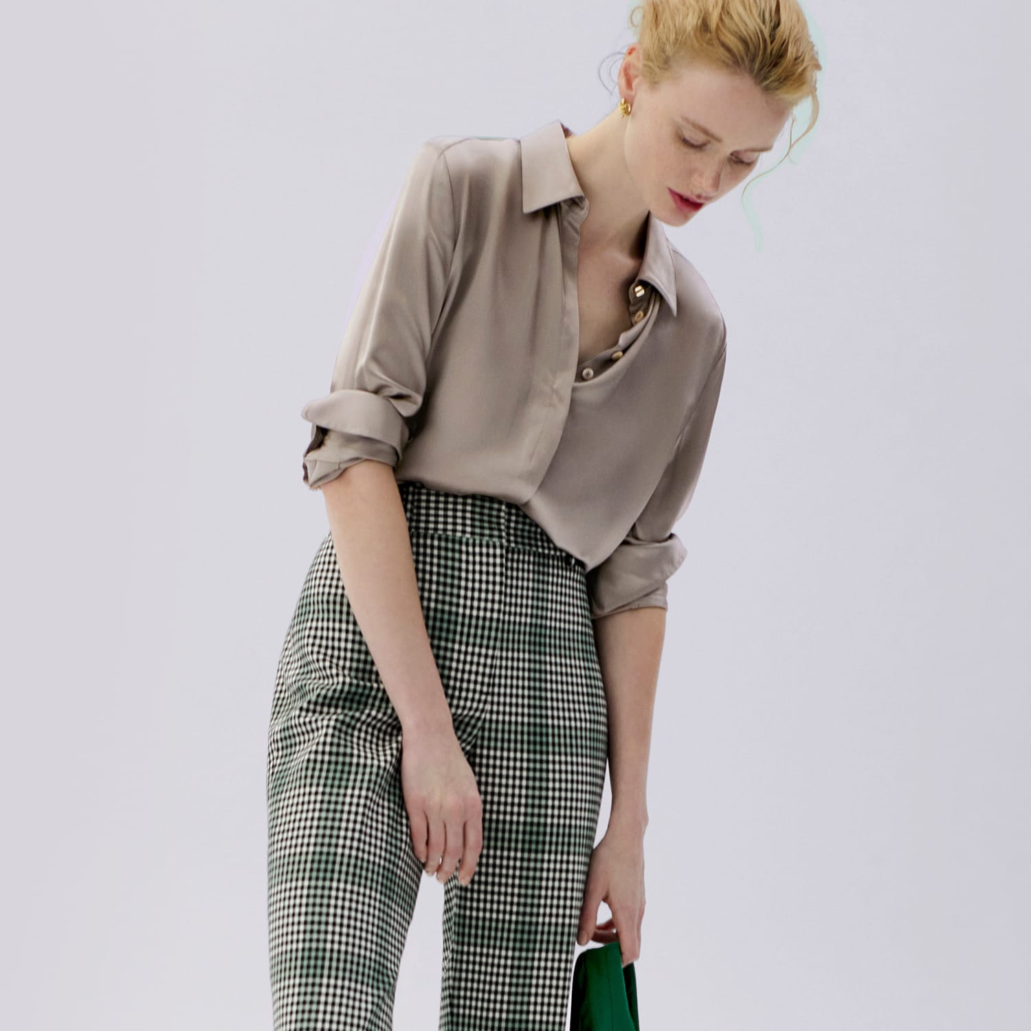 woman wearing the tatum top in dune with the smith pant in check plaid