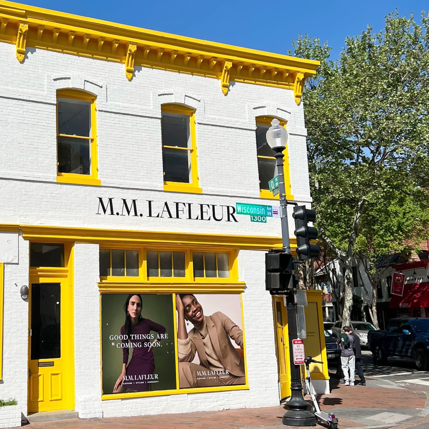 M.M.LaFleur Georgetown store exterior; a white building with bright yellow trim 