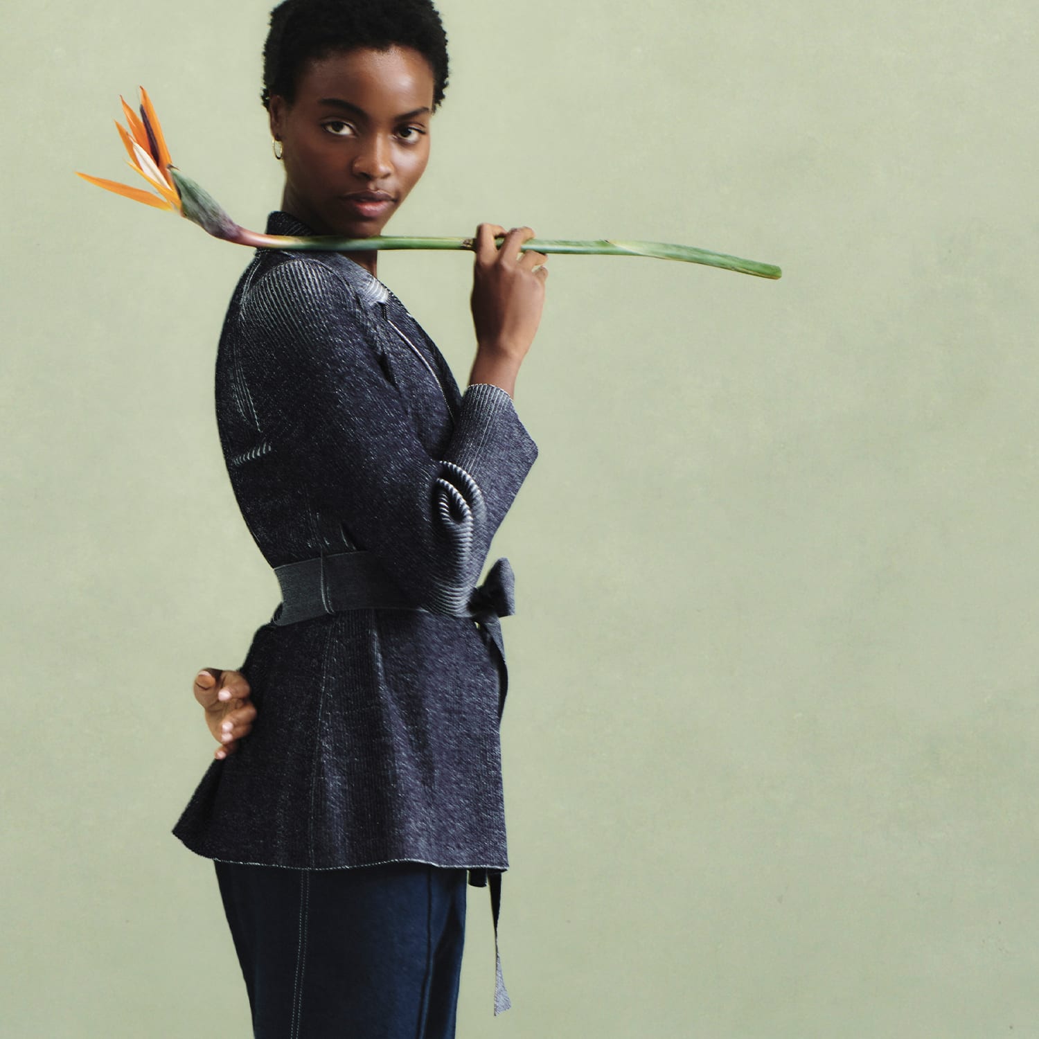 woman facing the side wearing navy/ivory ribbed Merritt jardigan, holding a birds of paradise over her shoulder in front of a green background