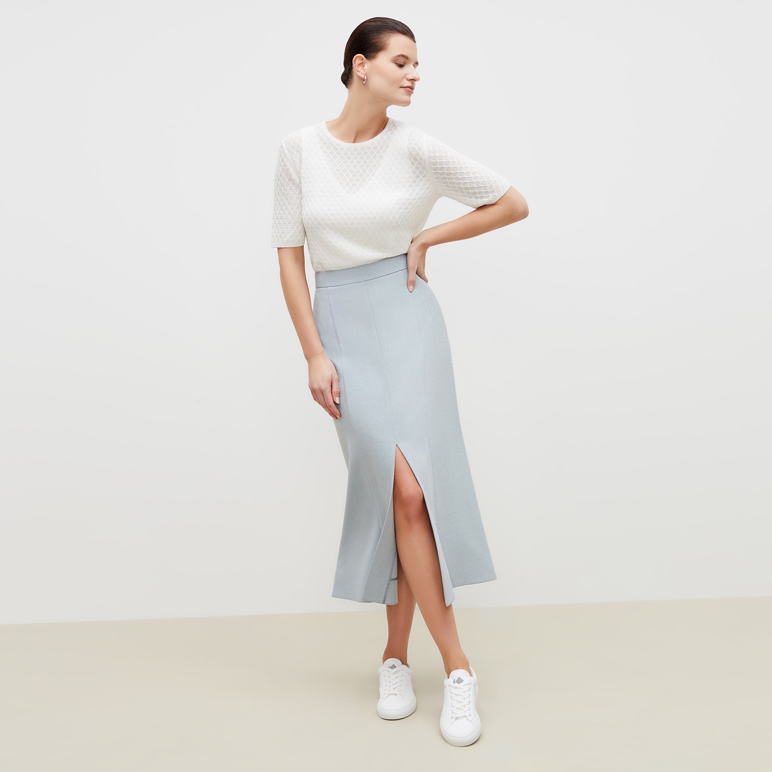 The Eva Skirt—Textured Suiting - Powder Blue | M.M.LaFleur