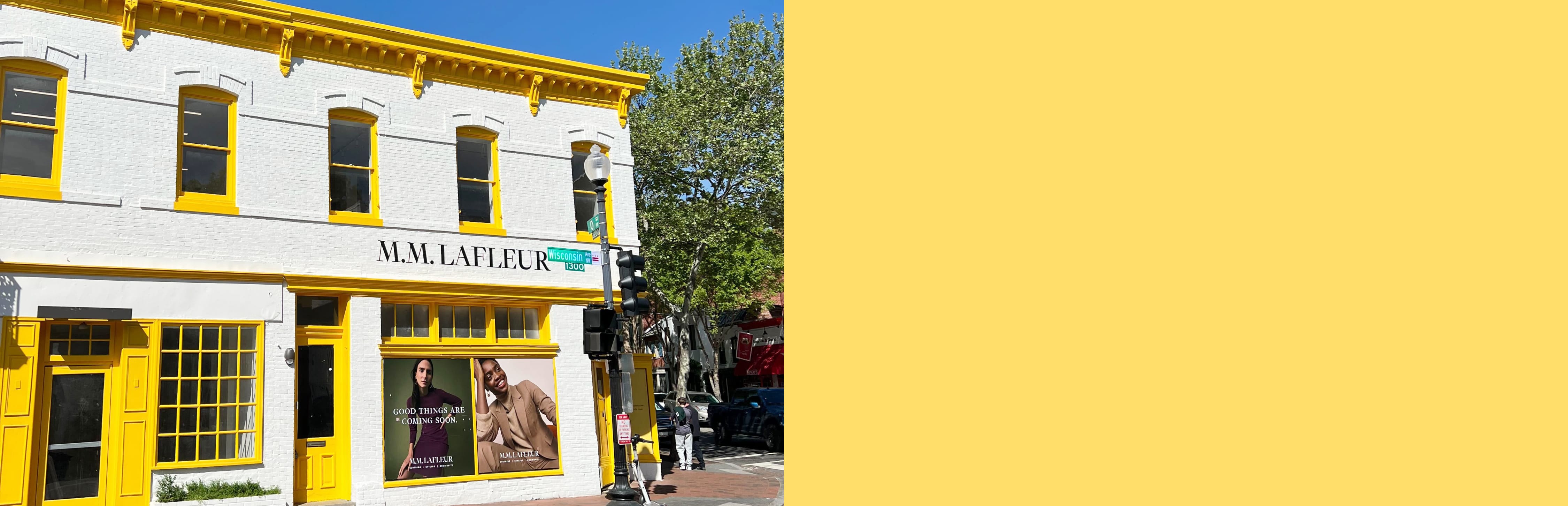 M.M.LaFleur Georgetown store exterior; a white building with bright yellow trim 