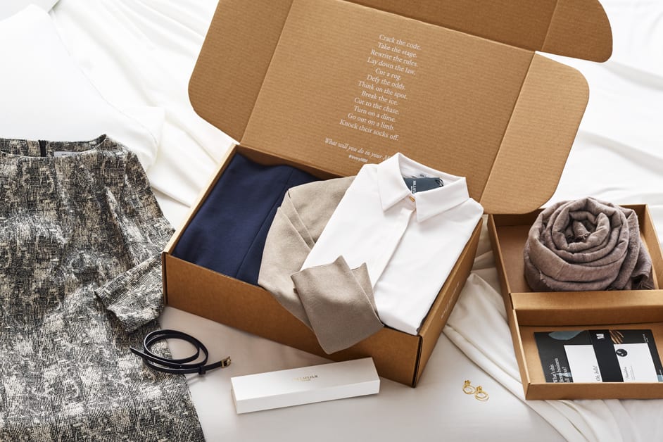 Image of a Bento Box filled with M.M. Lafleur clothing.