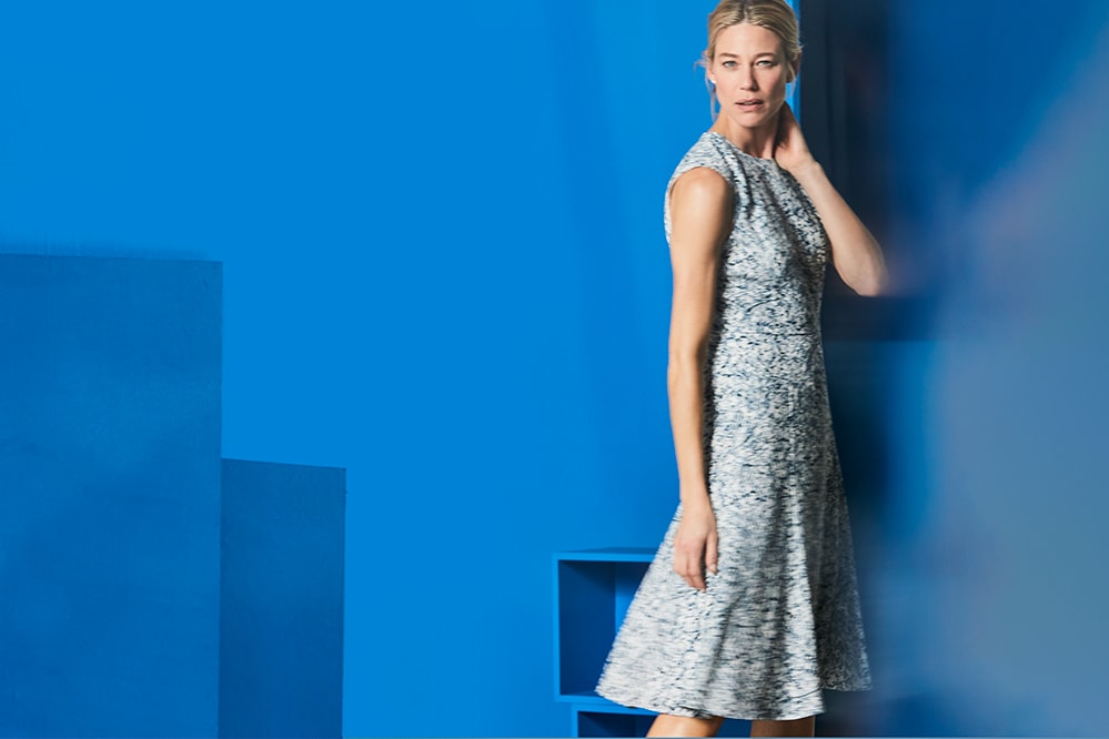 July collection with a model wearing the Jane Dress and Ginger Pump