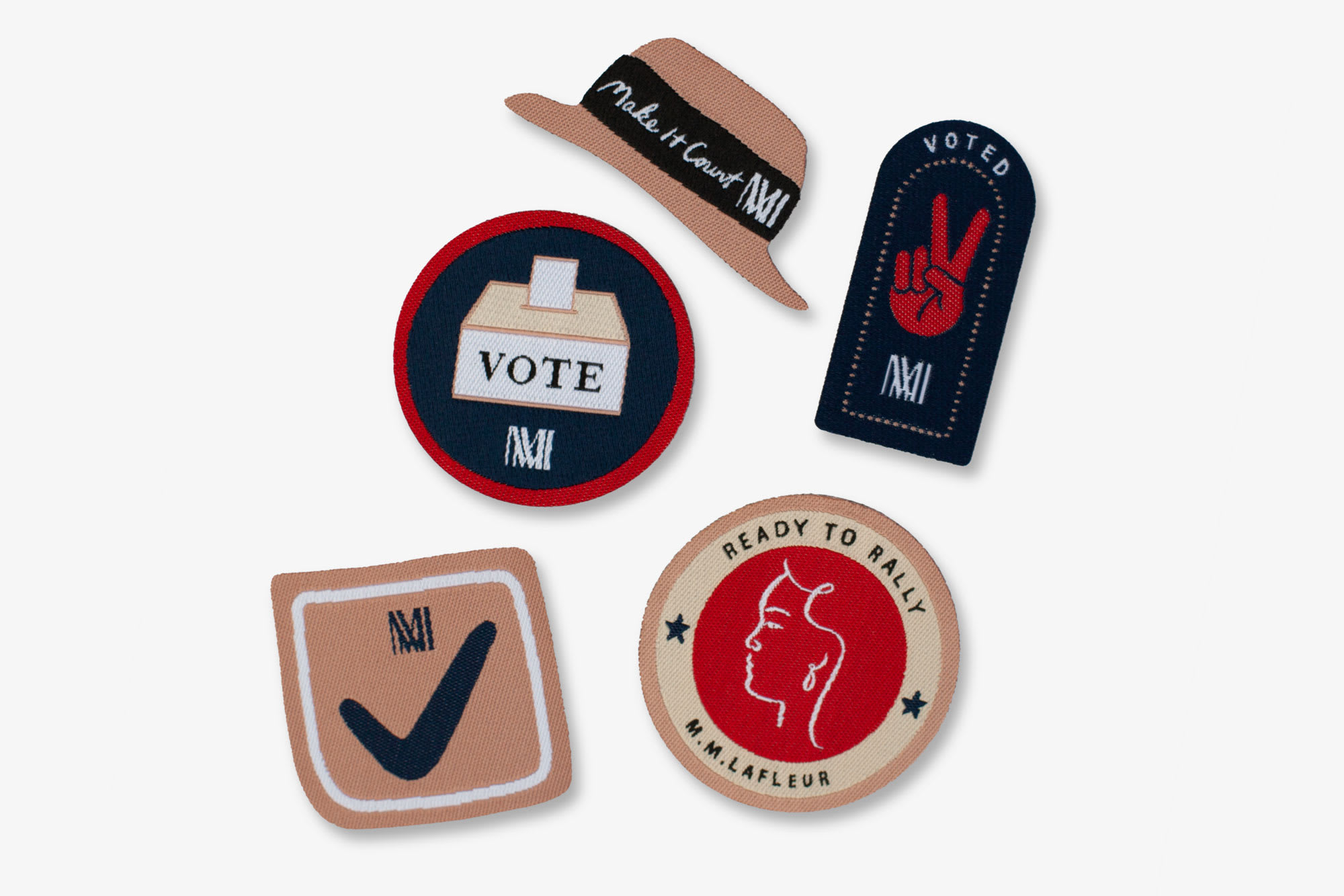 The 5 voting patches. They say: "Make it Count," "Voted," "Vote," "Ready to Rally | M.M.LaFleur," and a checkmark.