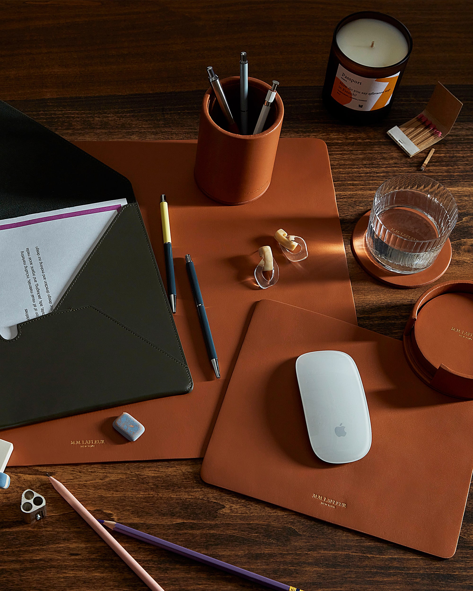 Caramel desk accessories on desk