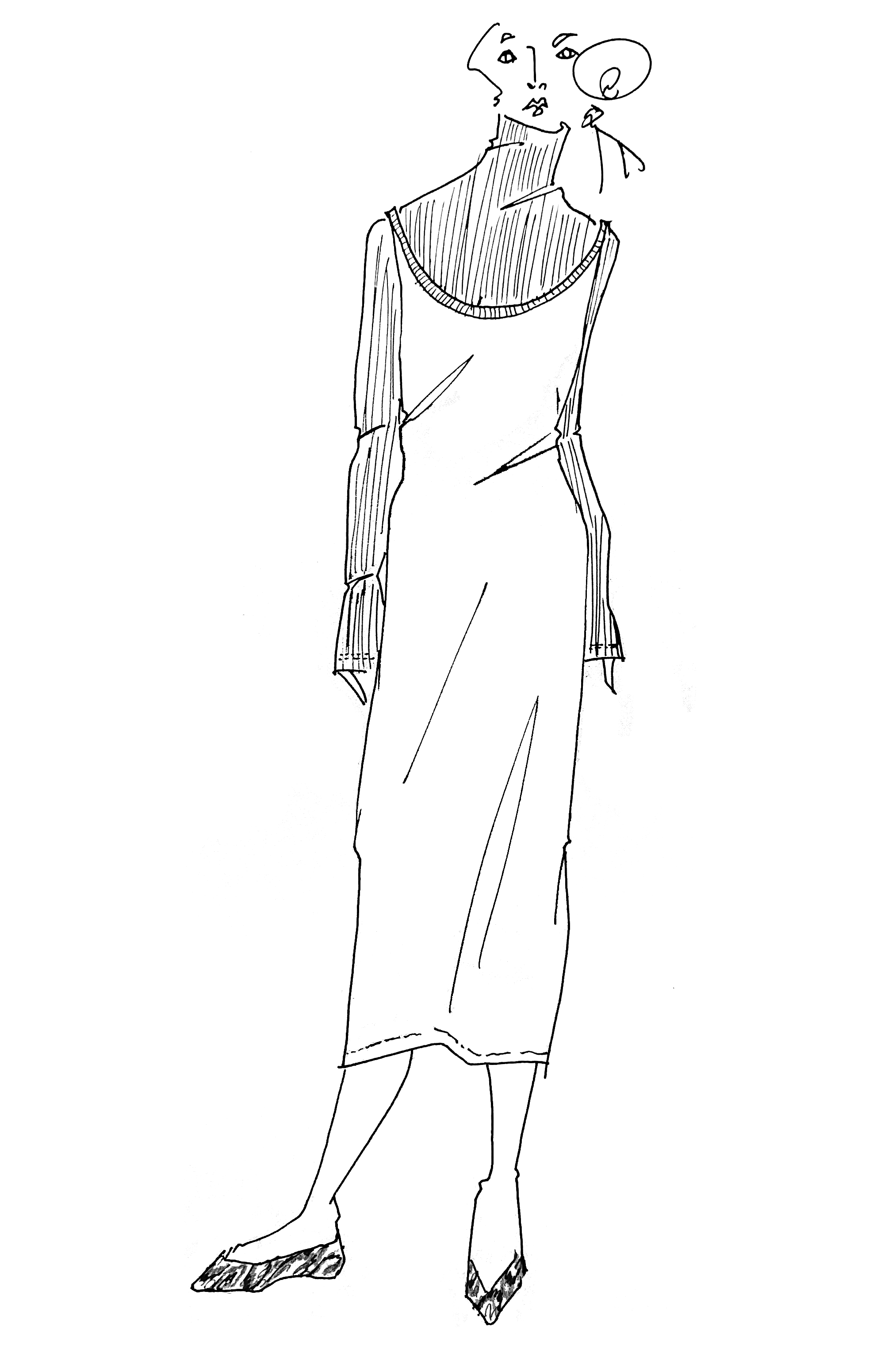 sketch of a woman wearing a turtleneck under a slip dress