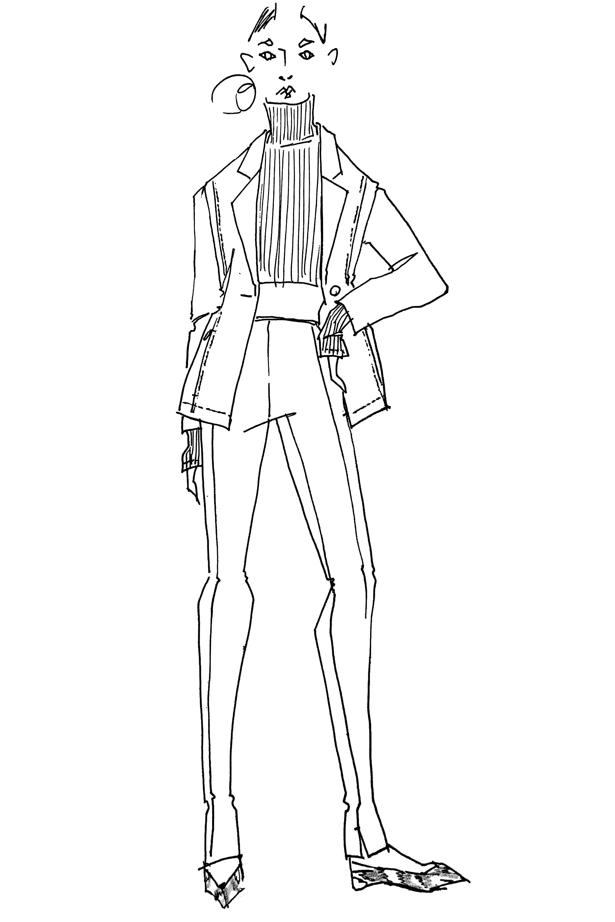 sketch of a woman wearing a blazer over a turtleneck with leggings and flats