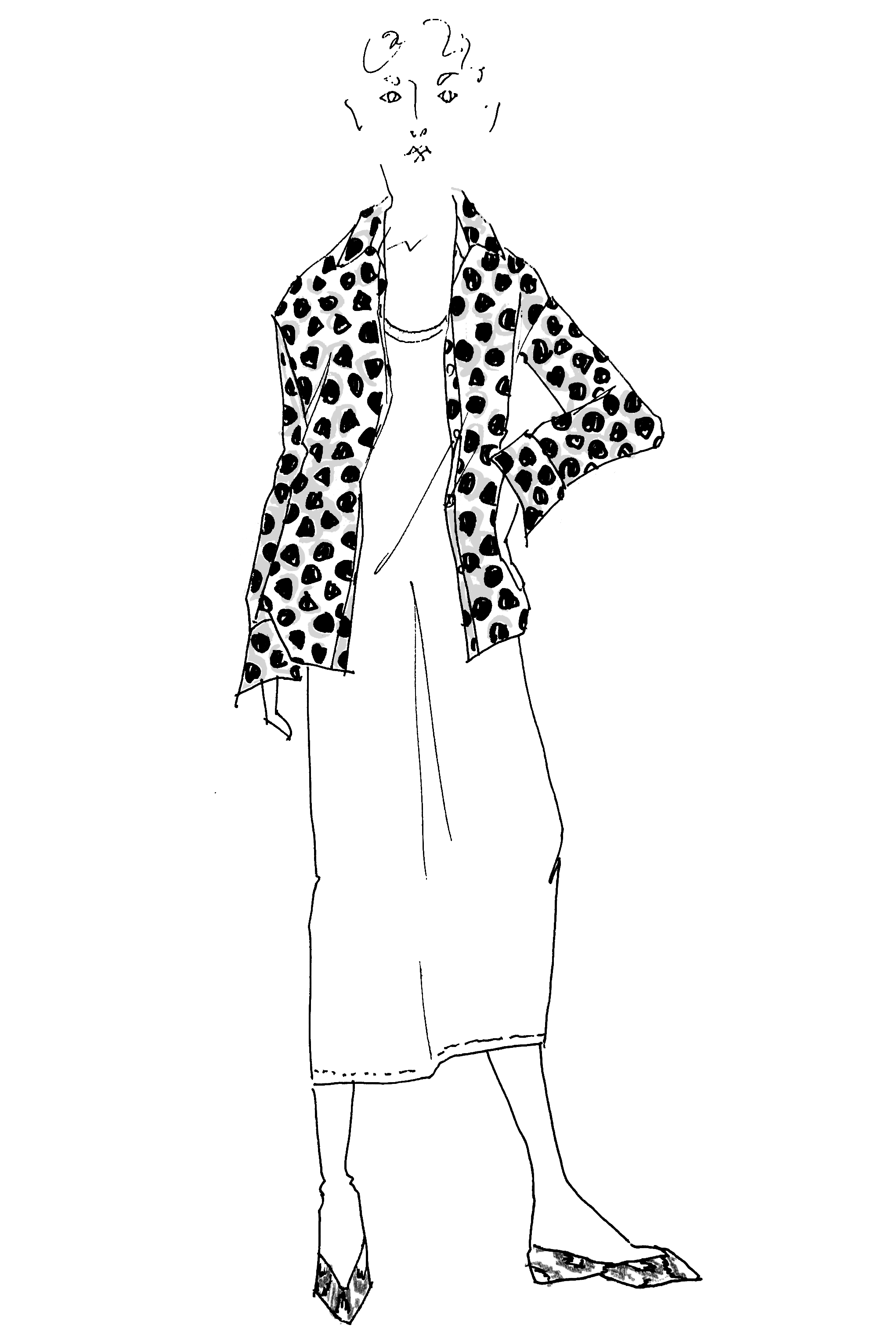 sketch of a woman wearing a button down over a slip dress with flats