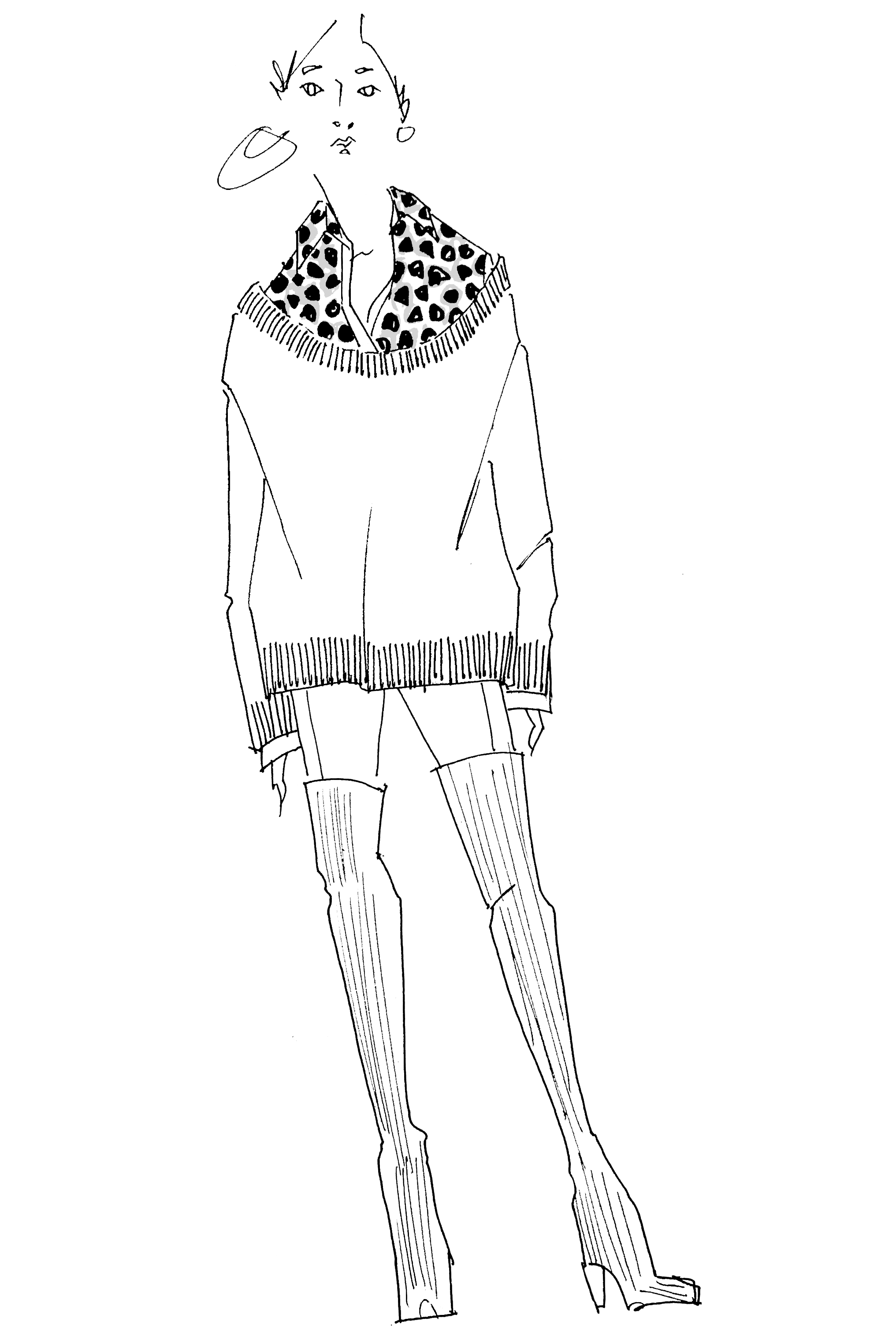 sketch of a woman wearing a sweater over a button down with leggings and over the knee boots