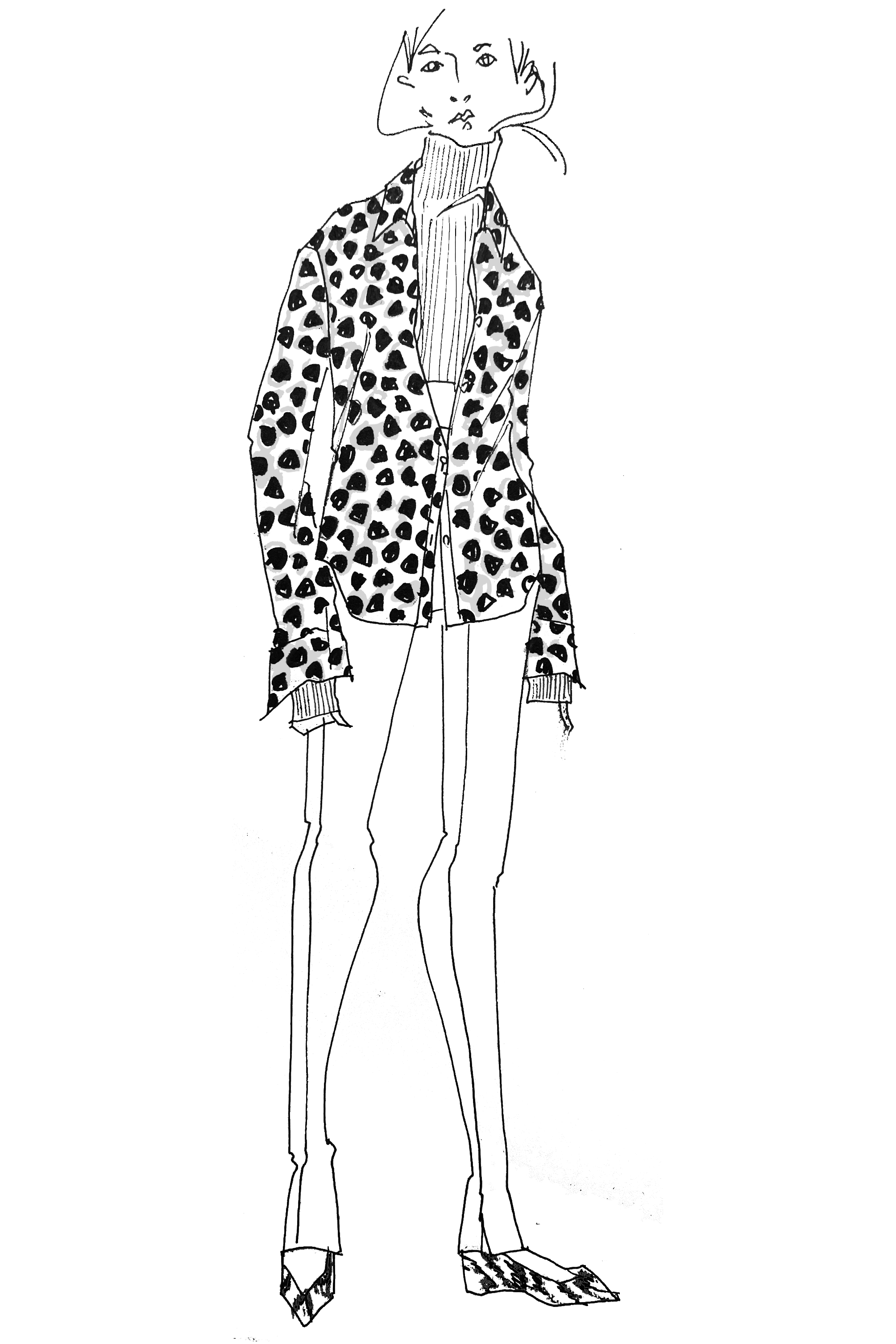 sketch of a woman wearing a turtleneck under a leopard button down, leggings and flats