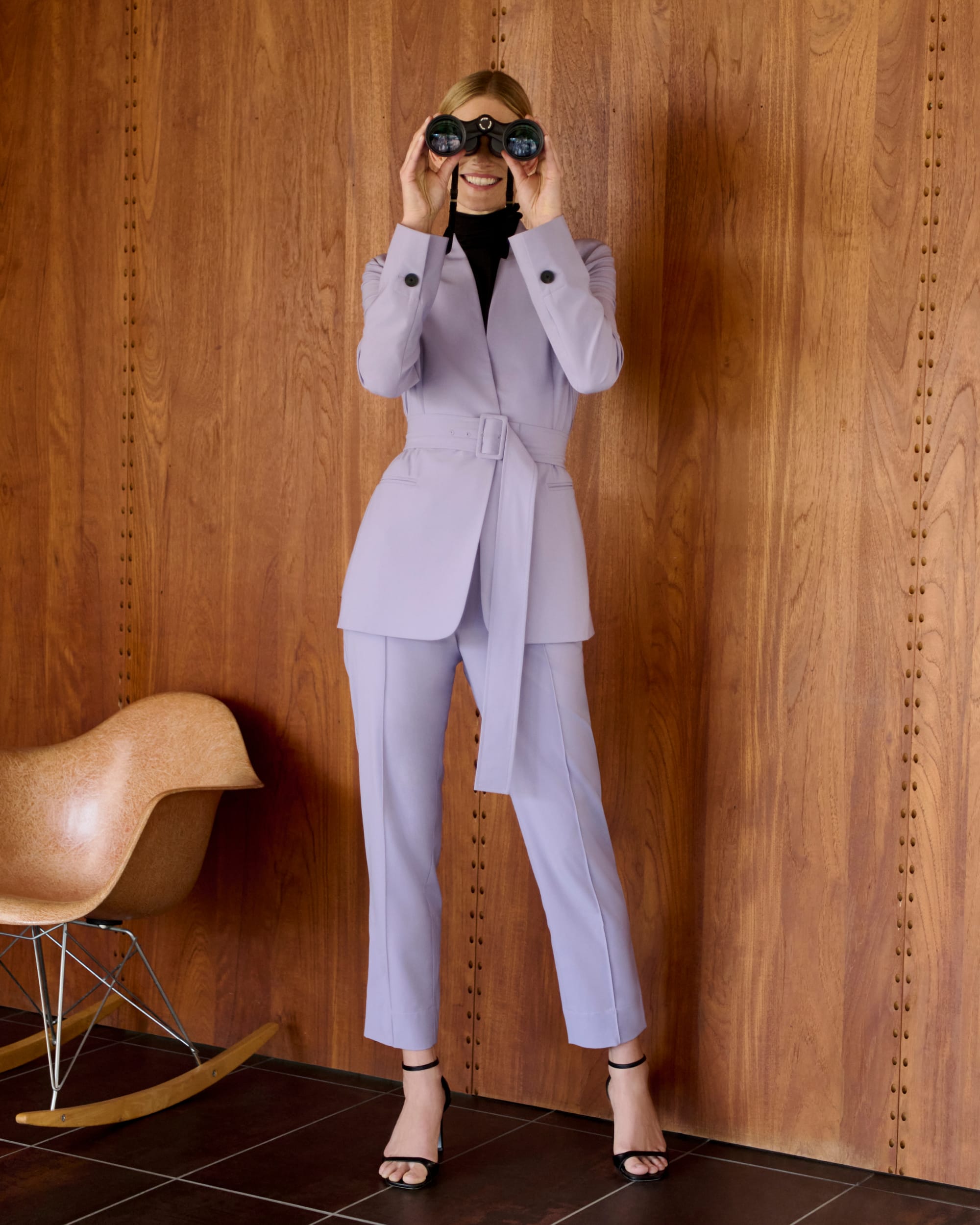 image of a woman wearing the twidwell jacket and colby pant in light orchid